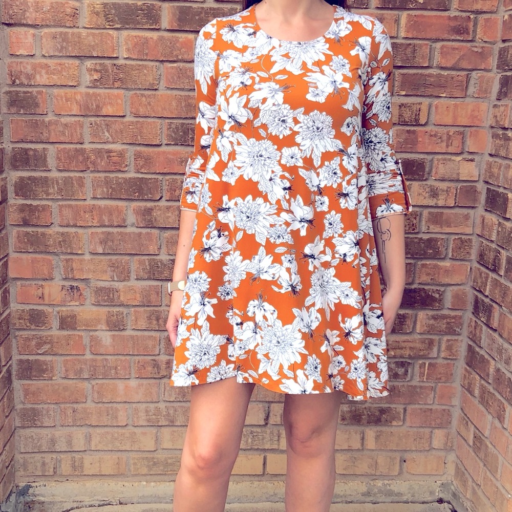 Love, Fire orange & white floral sun dress SMALL